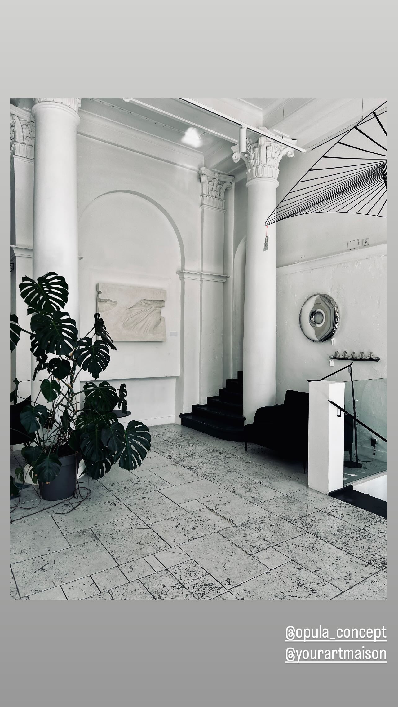 Columns of the hall in black and white